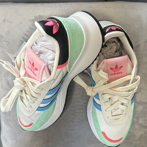 adidas Women's Athletic Shoes - Cream, Blue, Pink, Green Accents